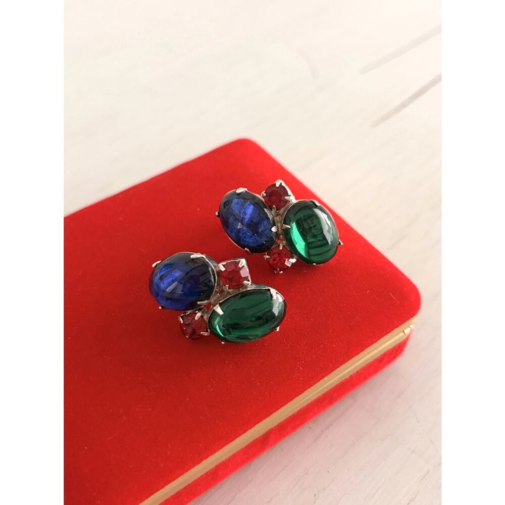 Vintage Jelly Carbochan Blue Red and Green Clip On Earrings